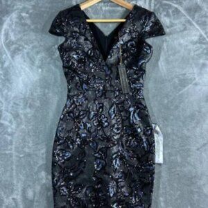 NWT Dress the Population Zoe All Over Sequin Cocktail Cap Sleeve Sheath Floral